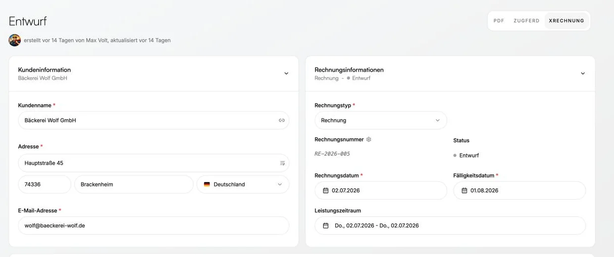 Rechnung in Qrafto mit Format-Auswahl PDF, ZUGFeRD und XRechnung