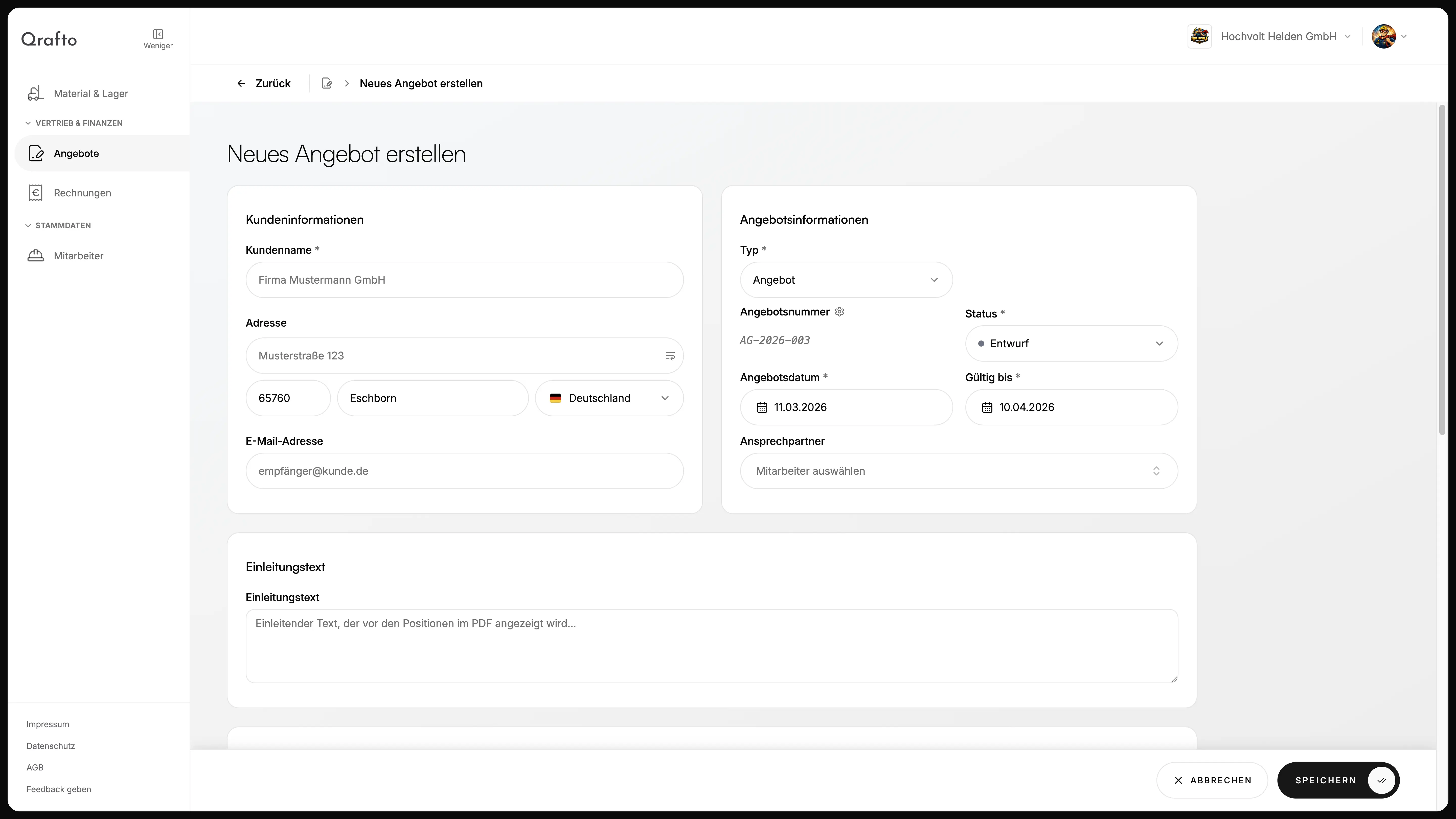 Neues Angebot erstellen